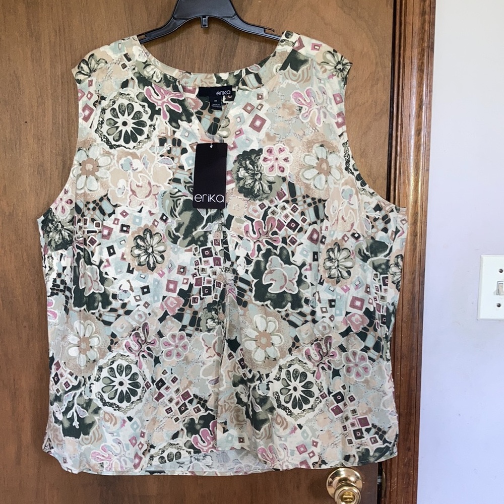 Erika top abstract floral painterly print button down sleeveless top 3X